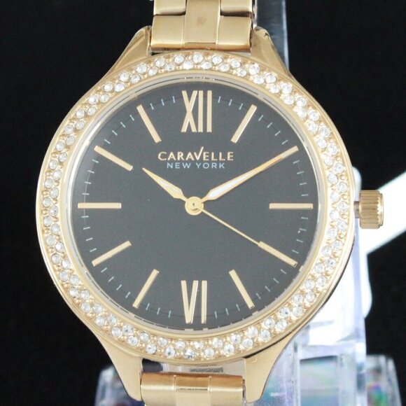 Caravelle New York Ladies Casual Watch Swarovski Crystal Bezel Gold Tone 37mm - Picture 9 of 14